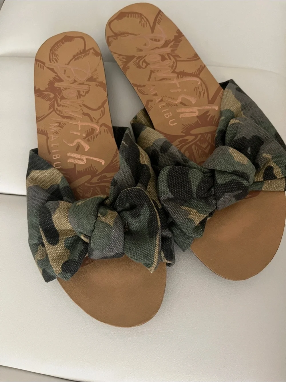 Blowfish Camo Knotted Slide Sandals in Green and Tan